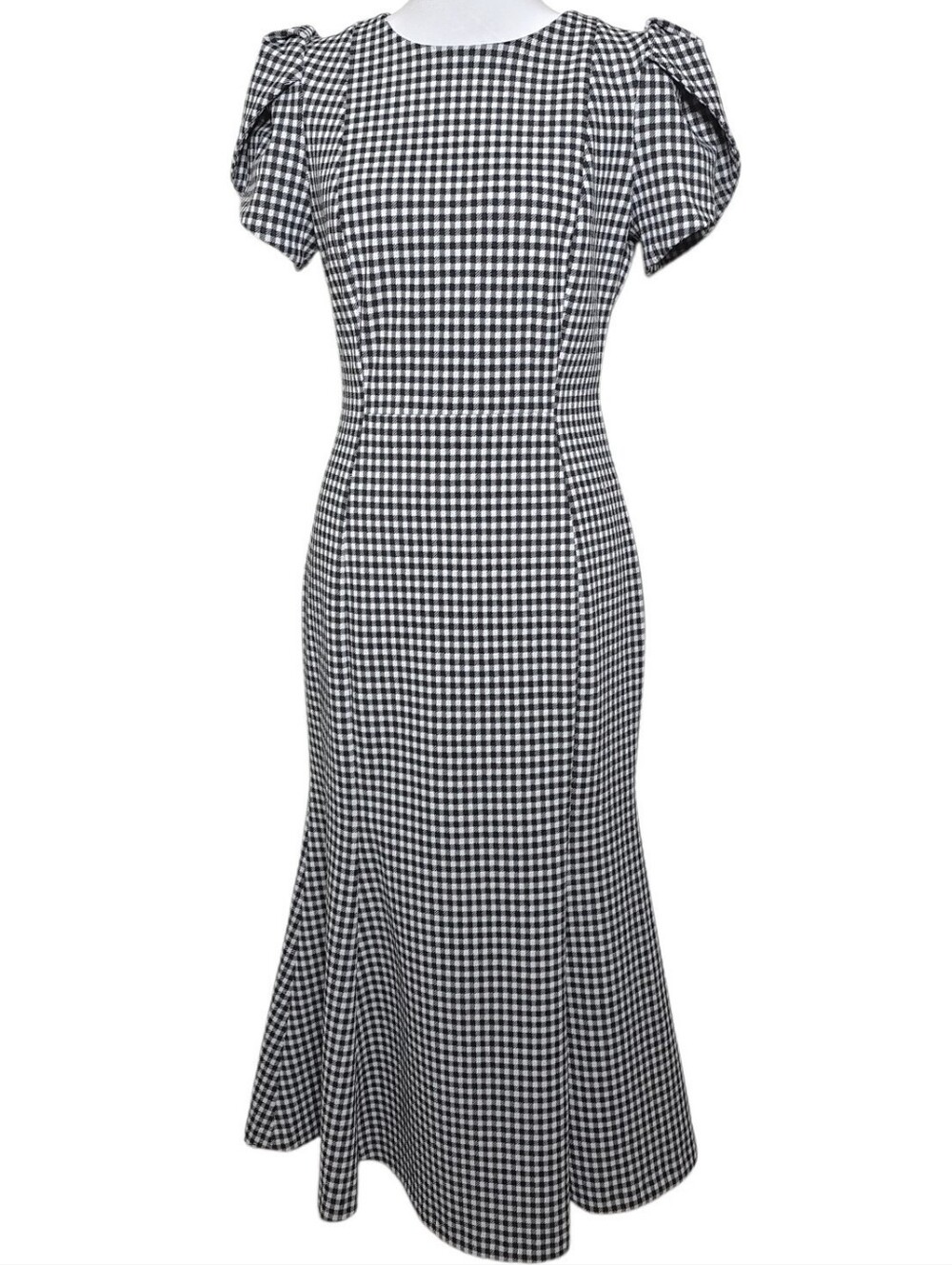 NWOT Calvin Klein Black & White Houndstooth Petal Sleeve Midi Dress